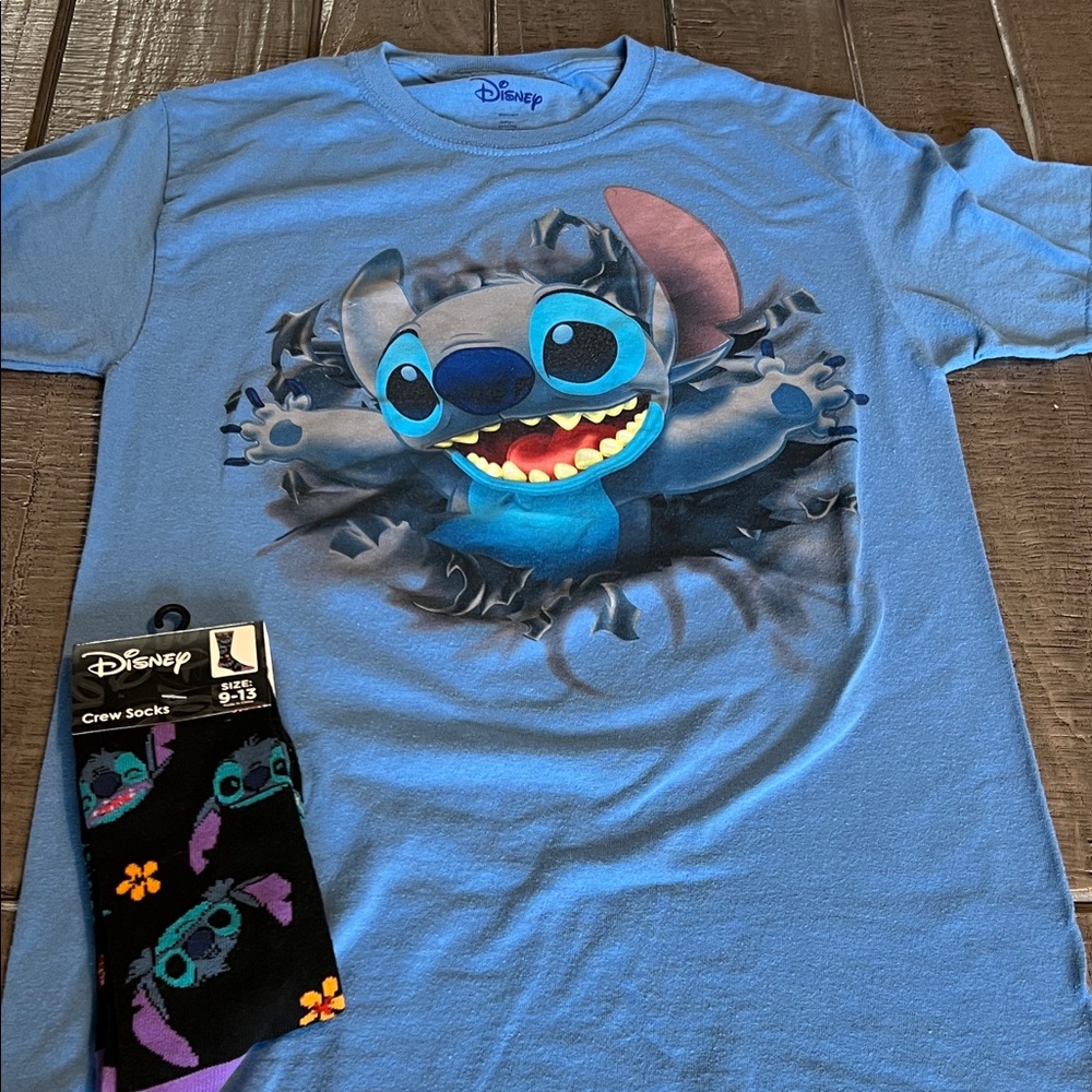 Disney Light Blue Stitch Short Sleeve Tee Adult Small & New Stitch Crew Socks